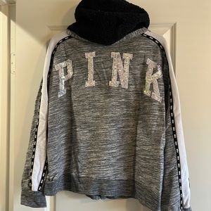 Gray Victoria’s Secret pink jacket with Sherpa hood